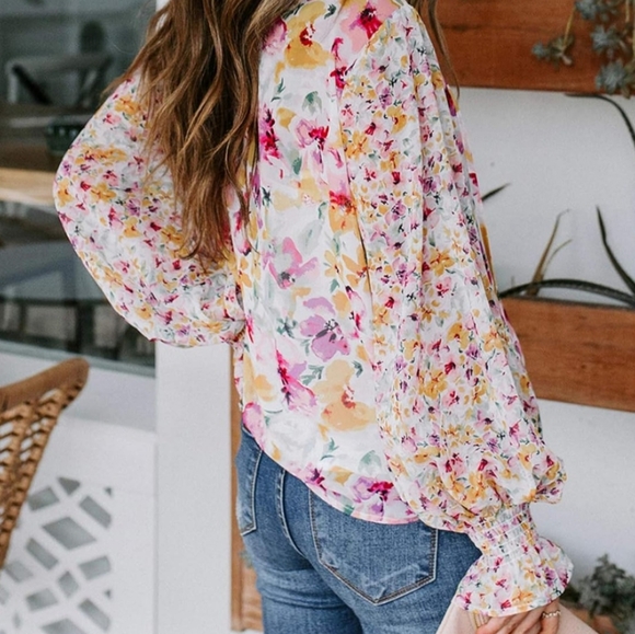 Women's Casual Boho Floral Print V Neck Long Sleeve Drawstring Tops Loose Blouse - Picture 2 of 6